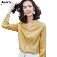 Yellow Shirt Women Long Sleeve Satin Autumn New Design Temperament V Neck Casual Chiffon Blouses Office Ladies Formal Work Tops