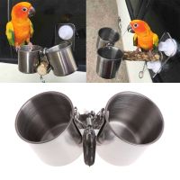 Food Water Feeding Bird Double Cups With Clip Stainless Steel Parrot Cage Stand