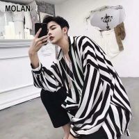 MOLAN เสื้อแขนยาวชายแขนยาวผู้ชายเสื้อเชิ้ตมีลายเทรนด์ฤดูใบไม้ผลิและฤดูใบไม้ร่วงผ้าใส่สบายเสื้อคลุมบางๆผู้ชายแบบหลวมเสื้อนางฟ้ามาก