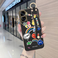 Hpcase เคสสำหรับ Honor 90 5G 90 Lite 5G พร้อมสายรัดข้อมือการ์ตูนขอบสี่เหลี่ยมนิ่มลายรุ้งขำขันปลอกชุบเคสโทรศัพท์หรูหราชุบเคสโทรศัพท์นิ่ม