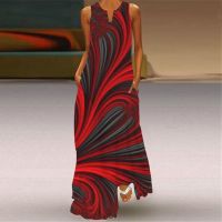 COD DSFGRDGHHHHH Bright Red Printed Summer Dress Casual Sexy Boho Beachwear Womens Party Wear V Neck Sleeveless Pocket Skirt Ankle Length