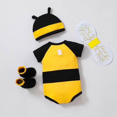 ชุดรอมเปอร์ผึ้งแขนสั้นชุดคอสตูมผึ้งทารกแรกเกิด + หมวก + ปีก + ชุดถุงเท้า