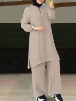 Turkish Blouse Muslim Fashion Matching Set ZANZEA Women Elegant Tracksuits Causal Wide Leg Pants Suit 2023 Spring Two Piece Set
