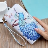 Long Wallets For Women PU Leather Peacock Printing Zipper Wristband Clutch Bag Large Capacity Female Money Clip Card Holder