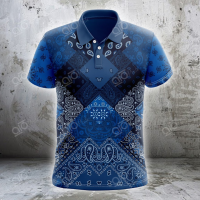 TH-POLO1-0||Blue Diagonal Paisley Bandana Fabric Patchwork Polo Shirtsize：XS-6XLNew product{trading up}