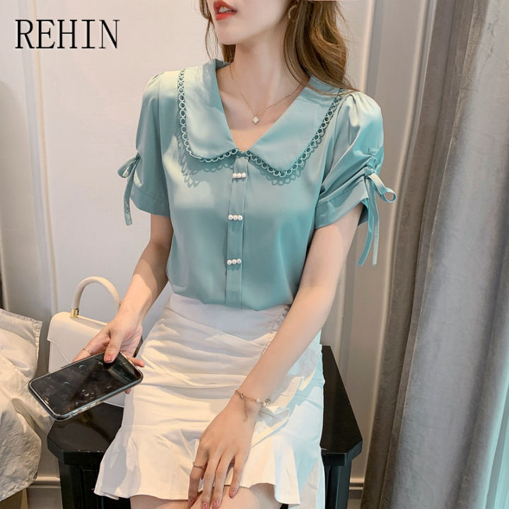 rehin-เสื้อผู้หญิงแขนสั้นผ้าชีฟองคอตุ๊กตาแฟชั่นสไตล์เกาหลีแบบใหม่ฤดูร้อน