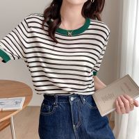 COD DSFDGDFFGHH Striped Ice Silk T-shirt Womens Short Sleeve New Summer Large Size Straight Shoulder Thin Top