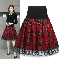 ✔♣ 2023 Summer High Waist Pleated Skirts Women Vintage Black Printing Stitching Lace Midi Skirt Large Size Faldas Largas Mujer F157