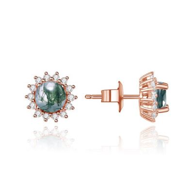 GEMS BALLET Unique 1.0Ct 6mm Round Cut Moss Agate Snowflake Halo Studs Earrings in 925 Sterling Silver Womens Wedding Earrings