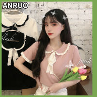 ANRUO เสื้อเสื้อกันหนาวแบบถักแขนสั้นสีแดงผ้าตาข่ายสำหรับผู้หญิง,เสื้อสวมหัวสไตล์ต่างประเทศเสื้อสวมหัวคอตุ๊กตาสไตล์เกาหลีแบบใหม่2023เสื้อยาวปิดถึงก้น