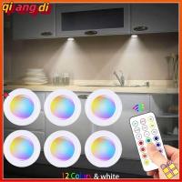 QIANGDI พร้อมรีโมทคอนโทรล ไฟ LED ใต้ตู้ ไร้สายแบบไร้สาย RGB เปลี่ยนสีได้ ไฟกลางคืนไฟ มัลติฟังก์ชั่ หรี่แสงได้ โคมไฟตู้เก็บของ สำหรับห้องครัวห้องนอนตู้เสื้อผ้า