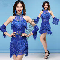 ใหม่ชุดเต้นรำละตินผู้หญิง Salsa dancewear เต้นรำเครื่องแต่งกายชุดบอลรูมการแข่งขันชุด Tango ผู้ใหญ่ Fringe GOLD sequine