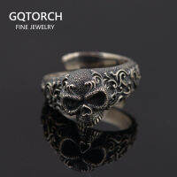 Gothic Punk Skull Rings For Men And Women 925 Sterling Silver Jewelry Resizable Vintage Flower Engraved Skeleton Finger Band