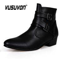 VUSUVON Fashion Men Spring Autumn Pointed Toe Height Increase Chelsea Ankle Boots Western High Top Casual Shoe PU Leather