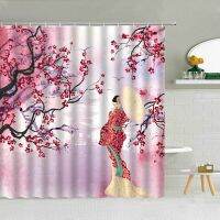 Japanese Traditional Theme Shower Curtain Kimono Woman Sakura Pavilion Bird Waterproof Fabric Bathroom Decor Hooks Curtains Set