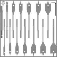 ชุดบิตแบบแบนพายสำหรับเจาะ15ชิ้น Set Mata Bor 6มม.-25มม. ชุดบิตแบบแบนไม้พายเหล็กกล้าคาร์บอนพร้อมก้านเชื่อมต่อและประแจ
