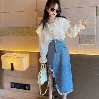 【Ready】? Girls fashion suit 2023 new foreign style big boy denim skirt suit trendy fashionable skirt Korean version