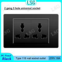 เต้าเสียบ2แกงชนิด118มม. สำหรับผนังซ็อกเก็ตสากลอเนกประสงค์3ขาสีดำแผง PC หน่วงไฟ250V 16A ปลั๊กไฟป้องกันประตูเพื่อความปลอดภัยในครัวเรือน
