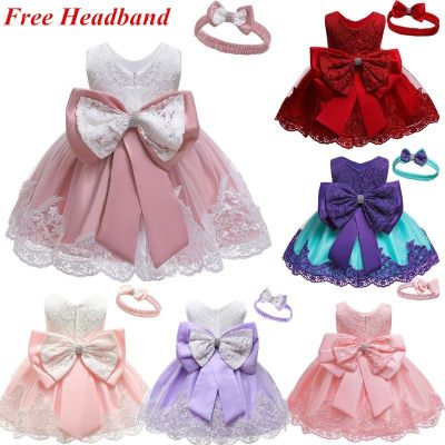 [NNJXD]Baby Girl 1 Year Birthday Dress Bow Princess Dress Newborn Christening Gowns Tutu Party New Year Baby Girl Clothes With Headband