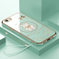 เคสสำหรับ OPPO A59 F1S (ฟรีสายคล้อง) การ์ตูนหมีส่องแสงลวดลายขอบสี่เหลี่ยมชุบเคสโทรศัพท์สุดหรูชุบเคสโทรศัพท์นิ่ม