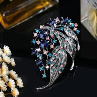 Female Vintage Rainbow Crystal Flower Brooches For Women Luxury Silver Color Rhinestone Alloy Plant Brooch Safety Pins