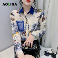 AOLINA ฤดูใบไม้ร่วงใหม่ชีฟองแขนยาวผู้หญิงสไตล์ต่างประเทศที่นิยมจับคู่เสื้อหมึกสีพิมพ์ทุกที่