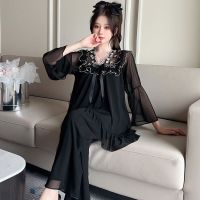 △ Long-sleeved pajamas womens suit with chest pad mesh yarn fairy country style dormitory ins princess style foreign style net red home service