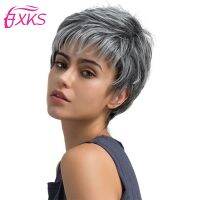 【jw】◎✳✉  Gray Short Wavy Hair Synthetic Wigs With Side Swept Bang Cut Blonde Gold 6Inch Hairline FXKS