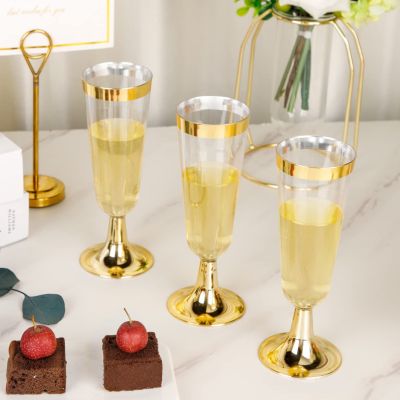 【CW】♕✶✜  25pcs 5OZ Cup Plastic Wine Glasses Flutes Birthday Parties Wedding Gold Rim Goblet Disposable