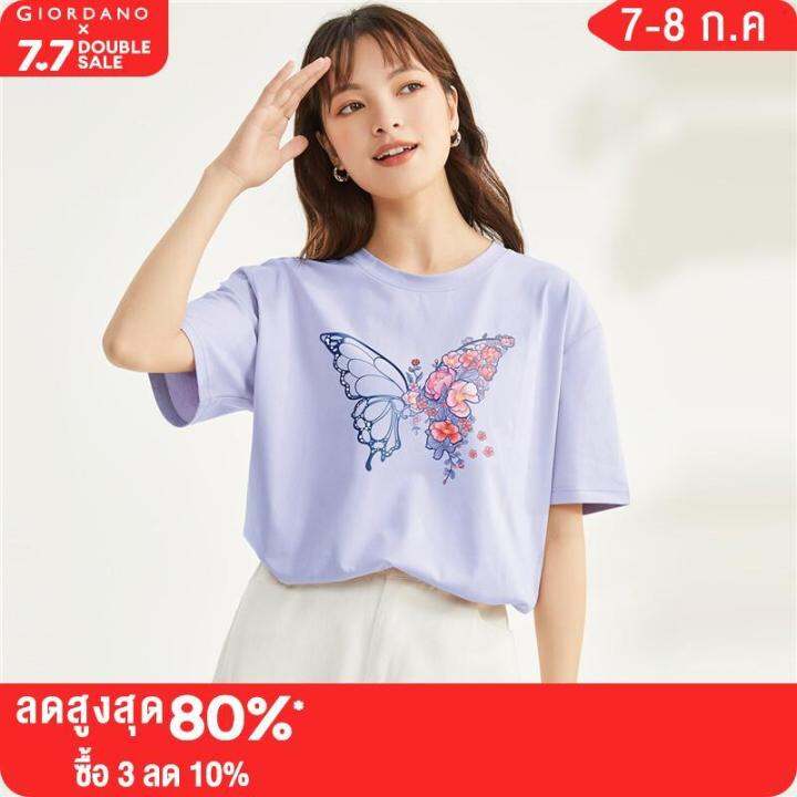 giordano-women-lion-dance-series-t-shirts-butterfly-print-fashion-tee-short-sleeve-crewneck-cotton-summer-casual-tops-99393016