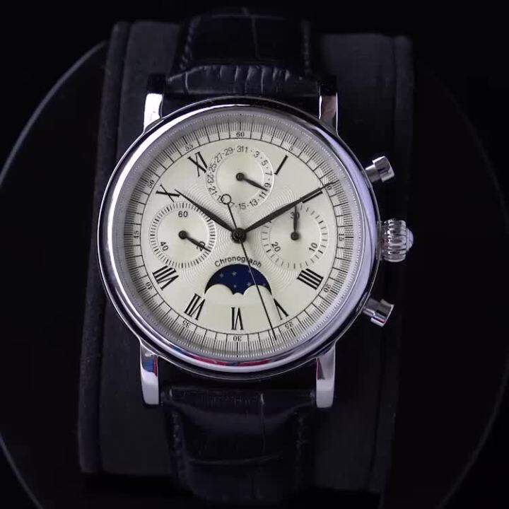 Orologio Meccanico Sugess Uomo Con Cronografo E Fase Lunare, Movimento ST1908 A Carica Manuale, Cinturino In Pelle, Colore Nero E Rosa - 3