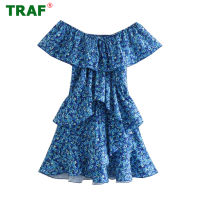 TRAF Floral Ruffle Dress Women Blue Off Shoulder Dress Woman Jumpsuit Summer Beach Female Dress Short Sleeve Party Mini Dresses