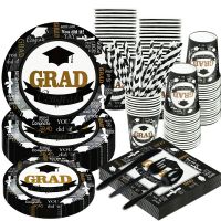 ☞ Graduation Party Disposable Tableware Black White Disposable Plates Cups Napkins Cutlery For Grduate Party Supplies 2021 Class