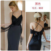 2023 Hot New Satin Chiffon Patchwork Deep V Temptation Chest Pad Backless Simple Long Home Slip Nightdress J3178