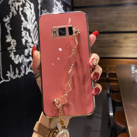 COROGI เคส Samsung Galaxy S8 / S8 Plus พร้อมด้วยสายรัดข้อมือลายดอกโคลเวอร์นำโชคสร้อยข้อมือชุบ6D เคสมือถือขอบสี่เหลี่ยมกรอบหลังแบบนิ่มป้องกันซิลิโคน