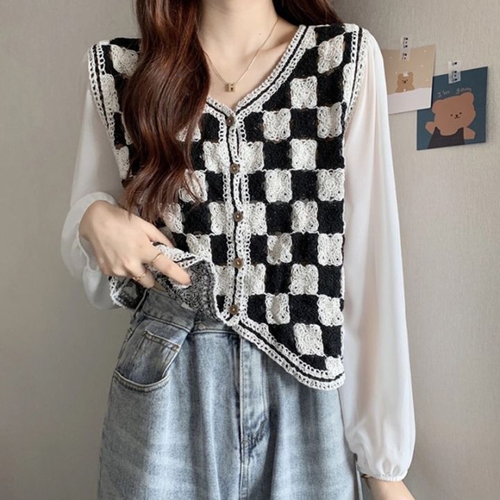 stylish-patchwork-เสื้อชีฟองสำหรับผู้หญิง-black-amp-white-checkerboard-shirt-retro-cardigan-เสื้อแขนยาว-top