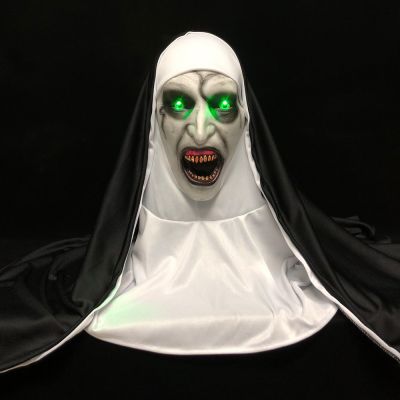 LED Horror The Nun Mask Cosplay Scary Latex Masks With Headscarf Led Light Halloween Party Props Deluxe