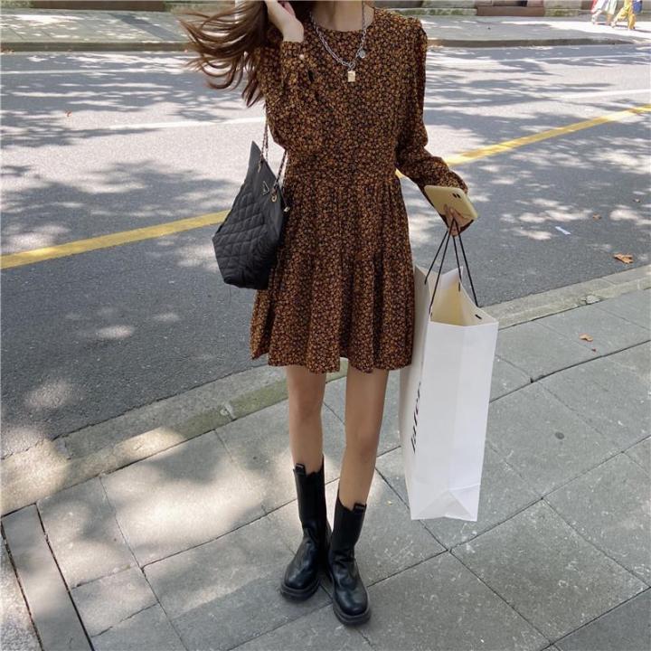 women-v-neck-long-sleeve-dress-slim-waist-floral-mini-dress