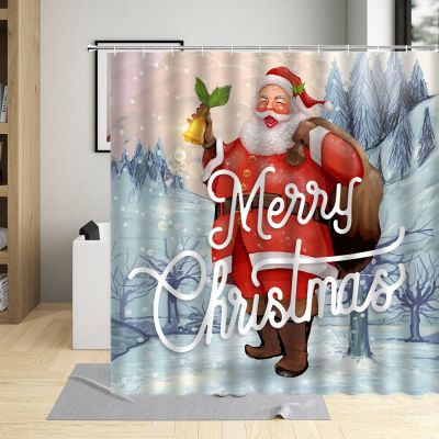 Christmas Shower Curtain Cartoon Creative Elk Snow Mountain Santa Claus Theme Pattern Bathroom Polyester Cloth Curtain Set Hook