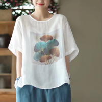 Vintage Clothes Cotton Linen Shirt Women Elegant Blouse Short Sleeve Summer Ladies Tops Loose Casual Plus Size