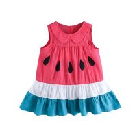 Lioraitiin 2-6Years Baby Girl High Waist Dress Round Collar Watermelon Printed Buttons Ruffle Dresses  by Hs2023