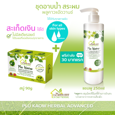 บ้านหมอละออง ชุดอาบน้ำ สระผม แพ็กรวม 2 ชิ้น สบู่พลูคาว 90g คู่ แชมพูพลูคาว 250ml ฟรีค่าส่ง 30 บาทแรก Plu Kaow Herbal Advanced Soap and Shampoo ผิวแห้ง สะเก็ดเงิน รอยน้ำเหลืองเสีย ใช้ได้ ได้รับเลขทะเบียนการผลิตตามกฎหมาย