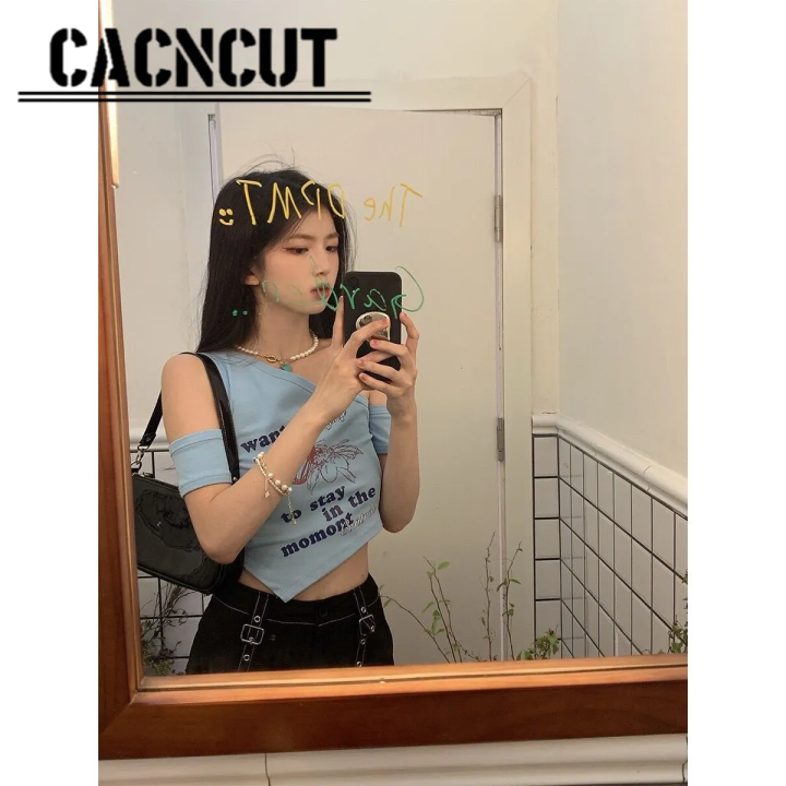 cacncut-เสื้อเสื้อยืดคอกลมผู้หญิงสำหรับนักเรียนหญิง-เสื้อเปิดไหล่สั้นเปิดไหล่แบบอเมริกัน