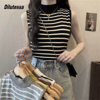 Dilutessa เสื้อยืดลายทางสีดำและสีขาวสำหรับผู้หญิงเสื้อกั๊กถักแขนกุดขนาดเล็กสำหรับใส่ข้างนอกในฤดูร้อน