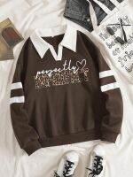 KUQIKITOKO Sweatshirt for Women- Letter &amp; Leopard Print Contrast Collar Thermal Sweatshirt (Color : Coffee Brown, Size : X-Small)