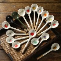 ✲✲ Japanese Style Ceramic Small Soup Spoon Stoneware Spoon Long Handle Spoon Household Cute Creative Rice Spoon KitchenTableware