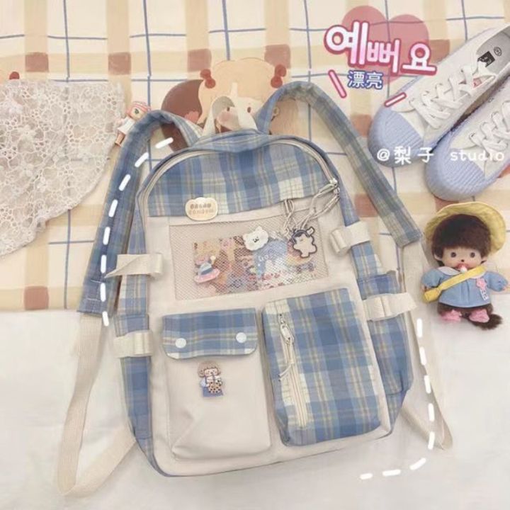 korean-version-trend-backpack-new-simple-plaid-girls-backpack-cartoon-cute-couple-campus-school-bag