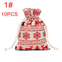 10Pcs Christmas Drawstring Gift Bags Cotton &amp; Linen Present Treat Pouches With Christmas Elements Pattern For Kids Party