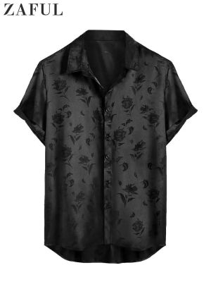 ZAFUL เสื้อแขนสั้นสำหรับผู้ชาย,เสื้อซาตินผ้าแจ็คการ์ดพิมพ์ลายดอกกุหลาบเสื้อเสื้อสตรีนุ่มลื่น Z5022014สตรีทแวร์ฤดูร้อนมีกระดุม