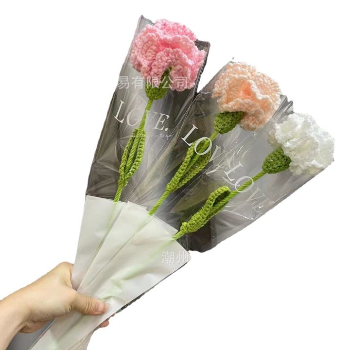ดอกคาร์เนชั่นโครเชต์สำเร็จรูปด้วยตนเองดอกไม้ประดิษฐ์ดอกไม้เทียมแม่นำเสนอดอกไม้ปลอมทำมือ-bouquethuilinshen